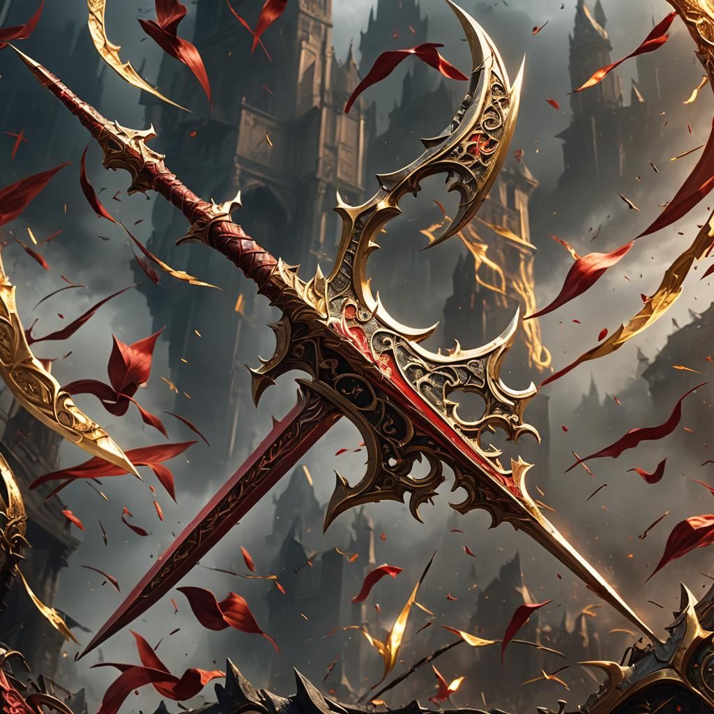 Red and gold Sickle bladed halberd 