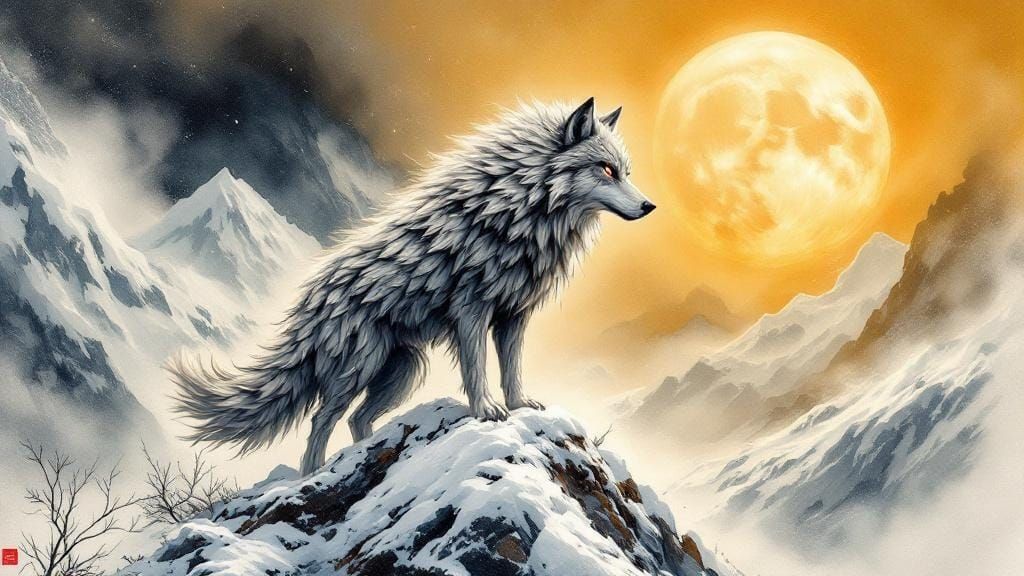A fierce wolf stands alert atop craggy mountain peaks  by @Mis