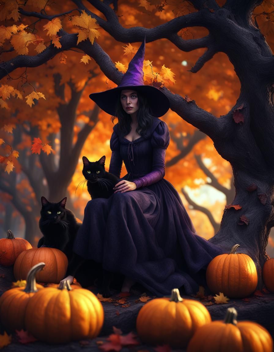 witch in a fall tree setting with her black cat and pumpkins...