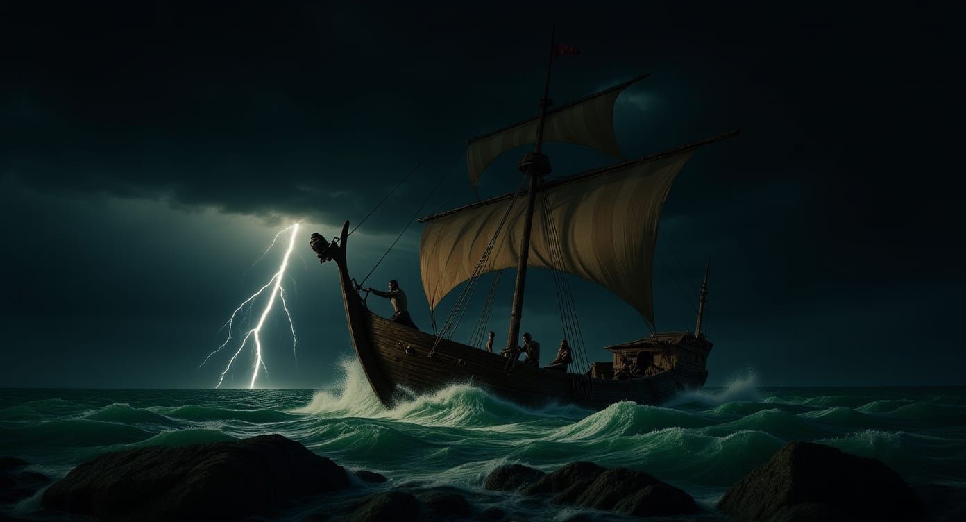 An old Dhow, with tattered sails is tossed around on the roiling sea during a storm. Dark thunderclouds and lightening fill the sky as the s...