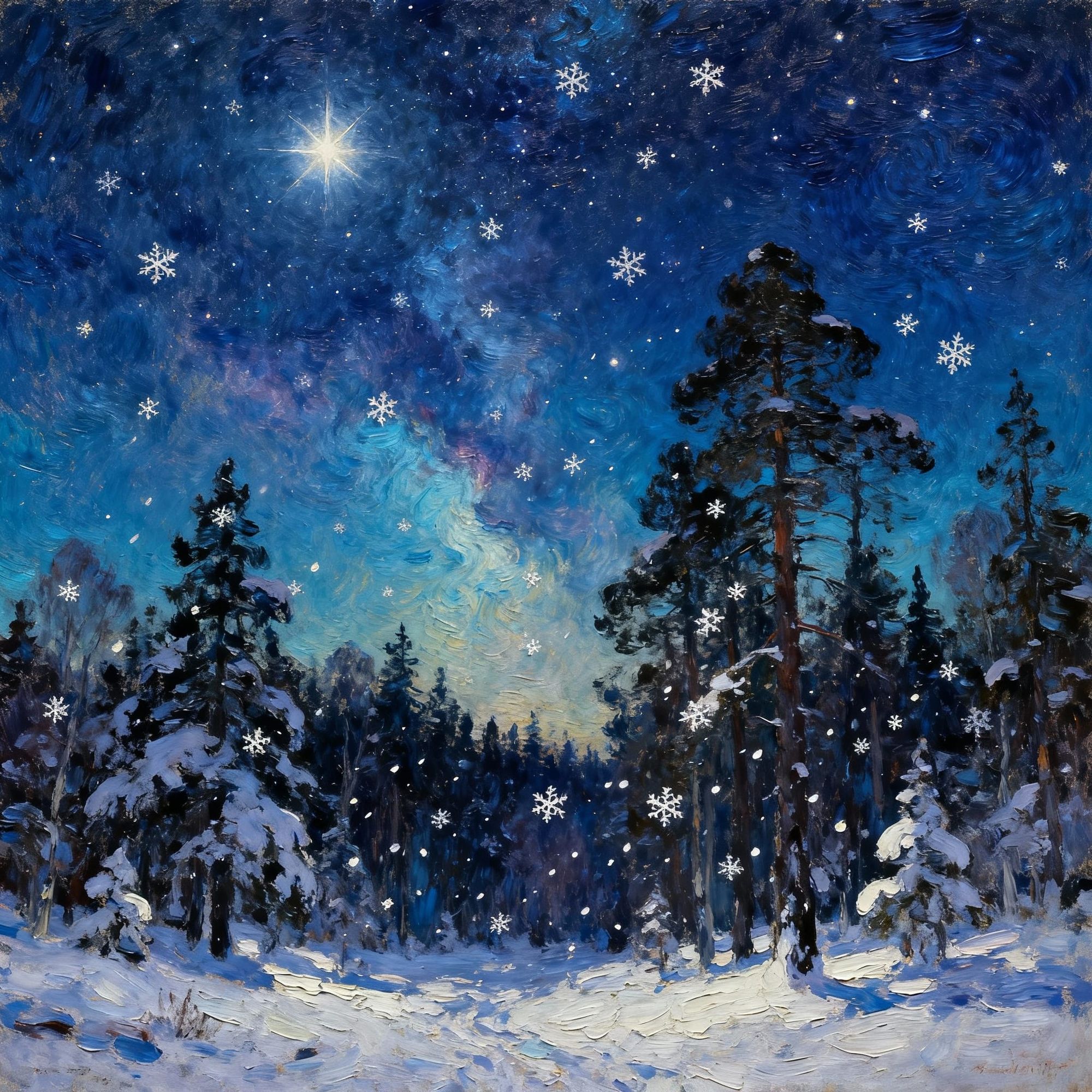 Masterpiece in oils of a snowy forest looking up at the north star in a starry sky 