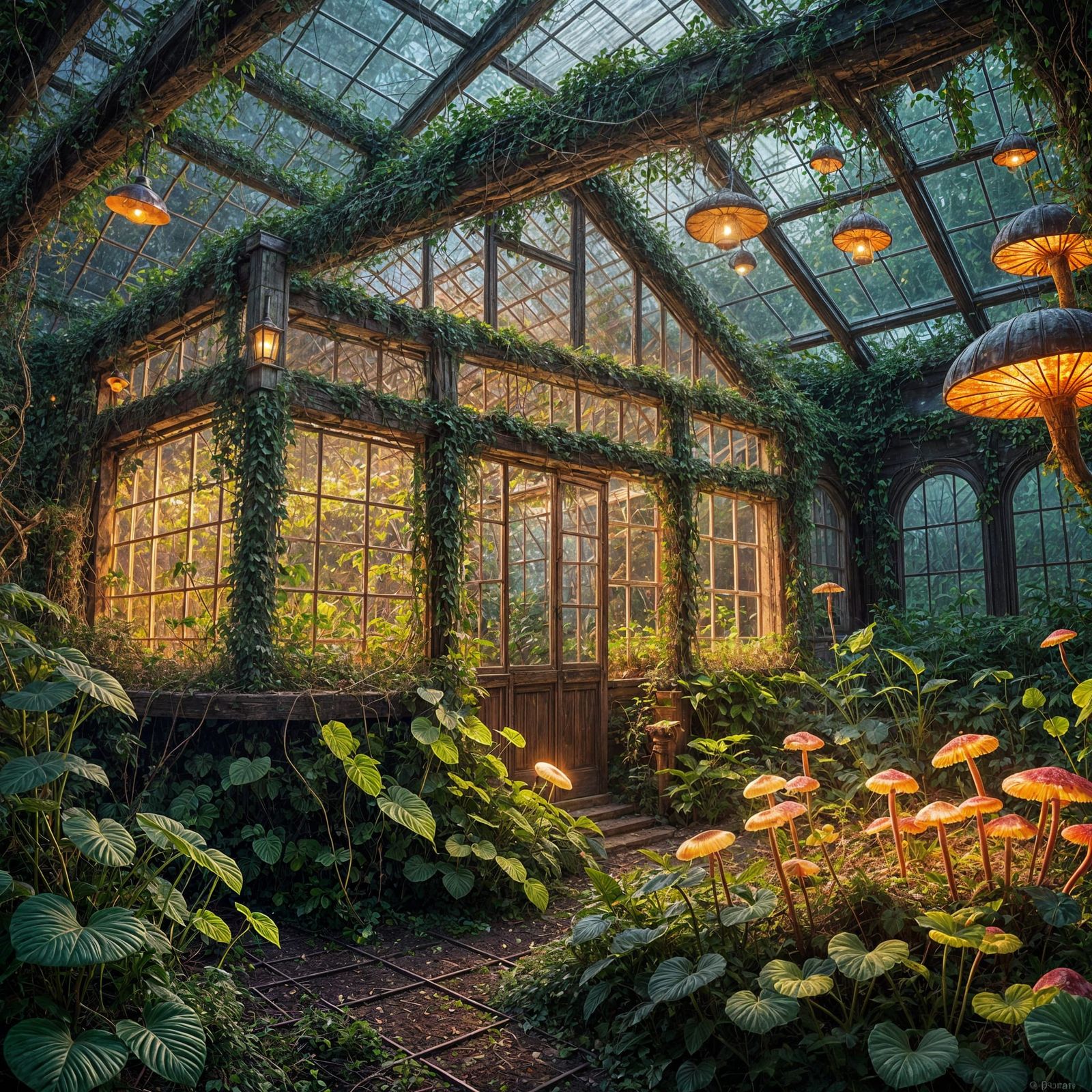 A forgotten greenhouse overtaken by strange vines and glowing fungi. Colorful and vibrant realistic   by @NOkings