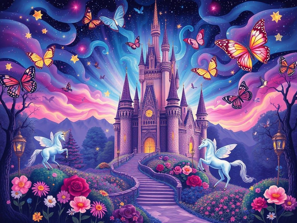 Whimsical Enchanted Castle in Vibrant Psychedelic Colors