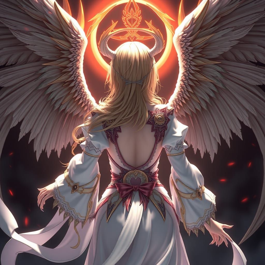 female blonde angel defeat demon god By artist "anime", 3d a...