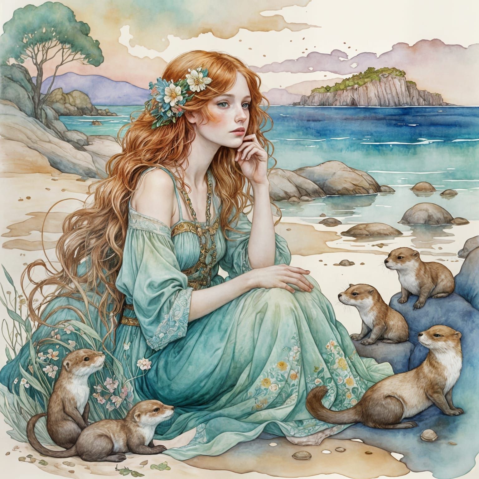 "watercolor illustration in the style of Klimt and Alphonse Mucha; beautiful redhaired girl sitting ...  by @Jano