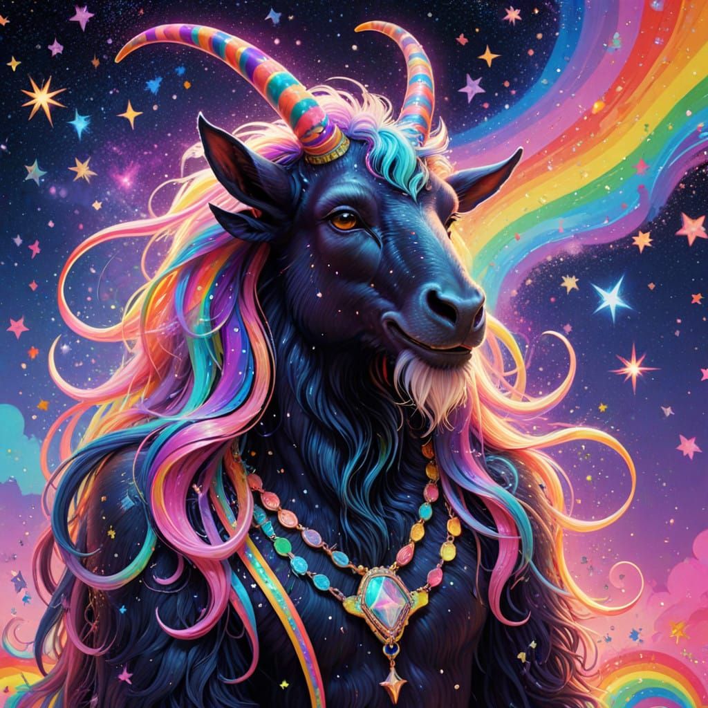 Whimsical Baphomet in Pastel Rainbow Dreamscapes