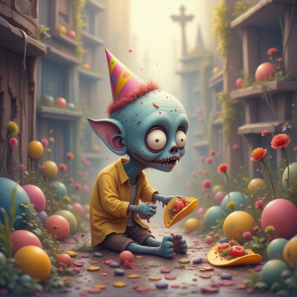<lora:whimsical minions:1.0> 3d animation style. A single, bewildered zombie wearing a tiny party hat, trying to eat a fish taco in a ruined...