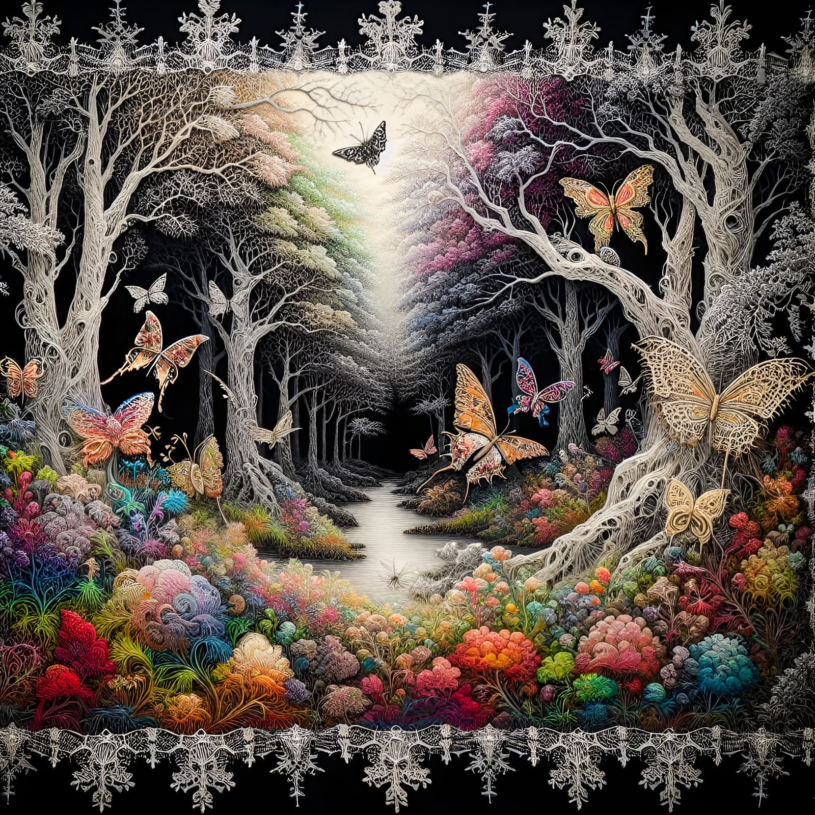 Prismatic neon painted on black velvet,  Fantasy fairy fores...