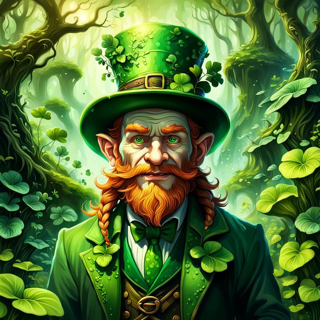 portrait of mystical leprechaun character surrounded by nature and vegetation, clean oil  painted airbrush, ...  by @Denise