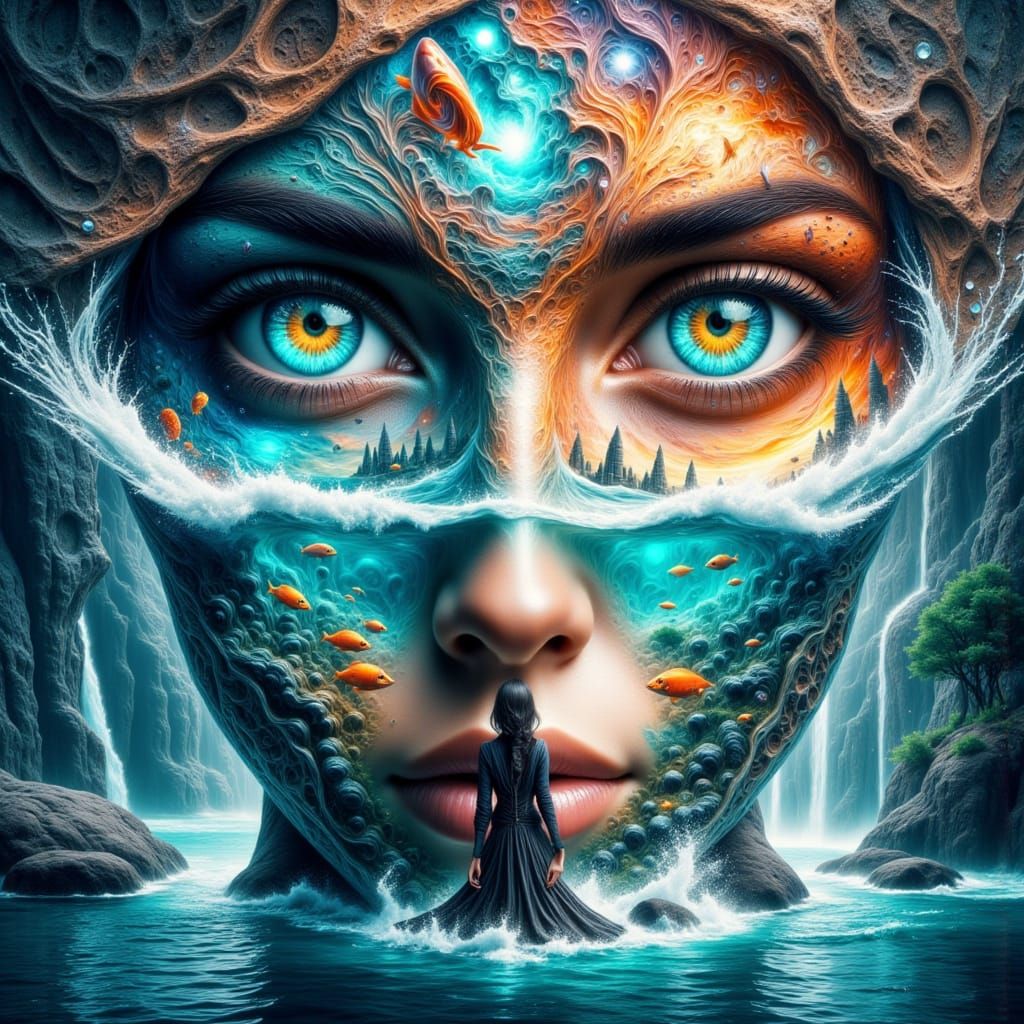 Mermaid on Rock with Holographic Eyes, Michael Cheval Style