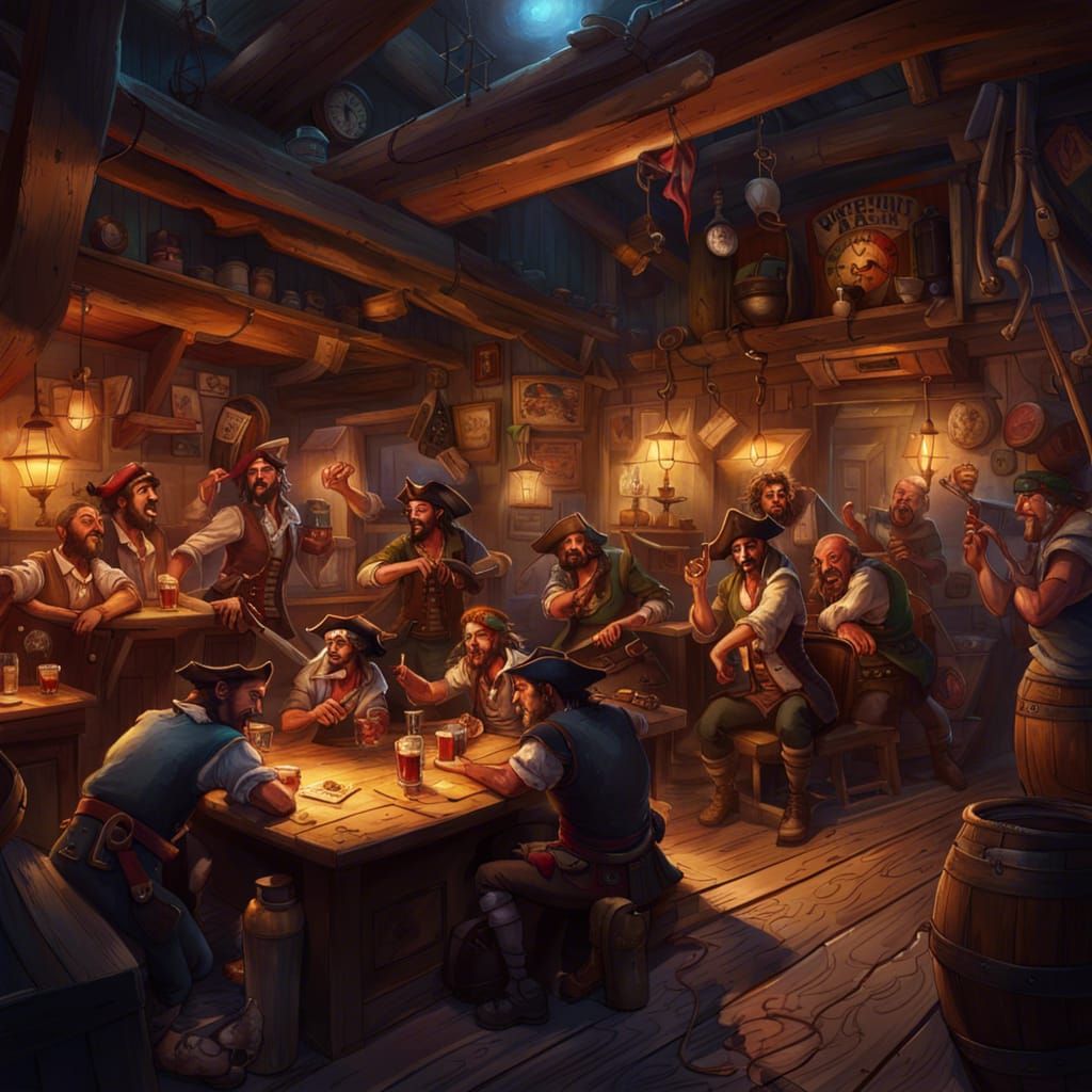 Secret pirate tavern with rowdy drunken pirates, tavern that...