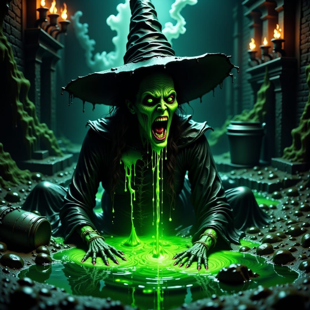 A terrifying yet mesmerizing scene of the Wicked Witch melting away, her green skin dissolving into a smoky, bubbling puddle. Her face conto...