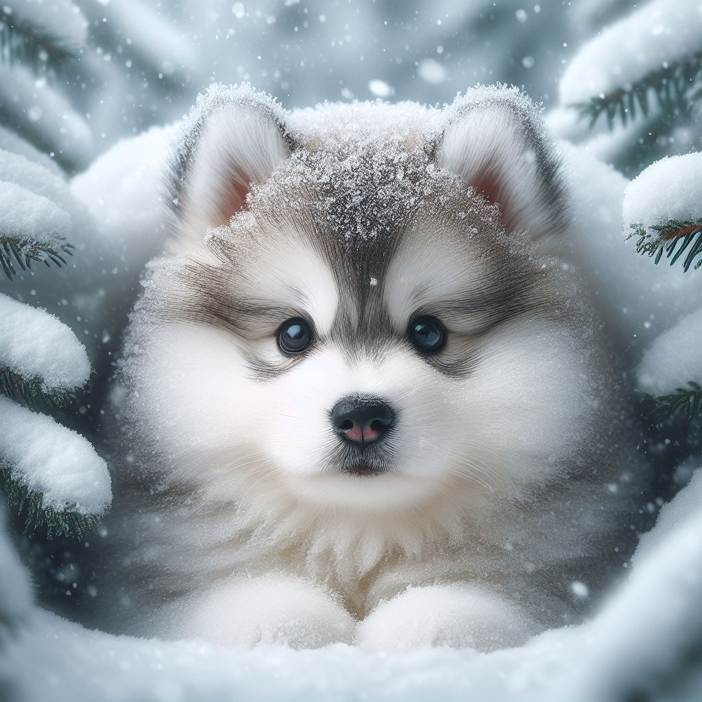 Siberian husky cub snuggled in snowfall