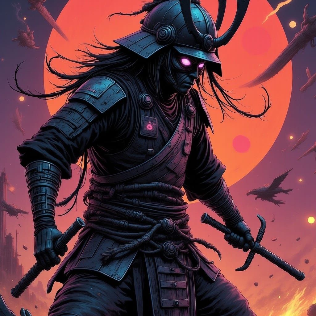 <lora:Synthsanity Flux:1.0> samurai woman slashing towards the frame