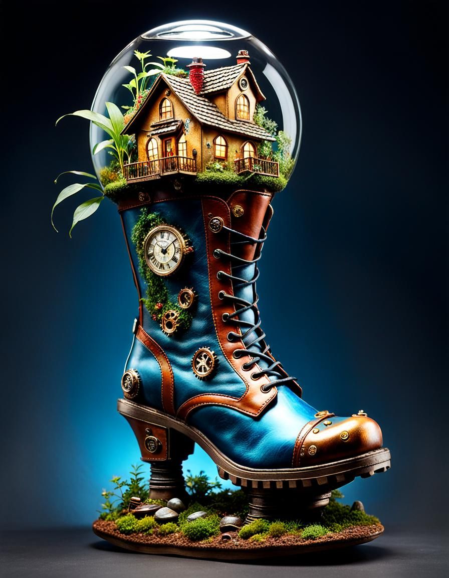 Boot shoe house, boot-shaped terrarium with steampunk adornm...