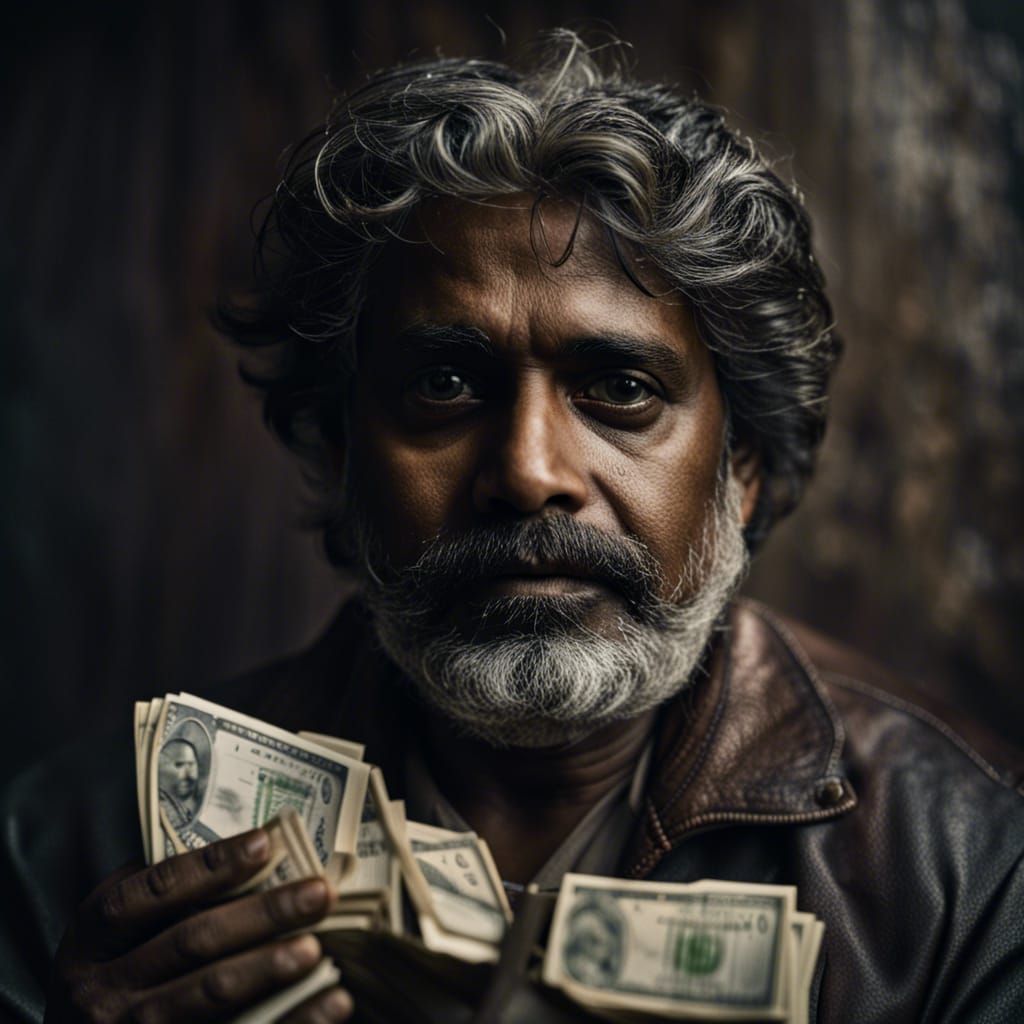 a close up retro Raj Rajaratnam with a pile of dollars in fr...