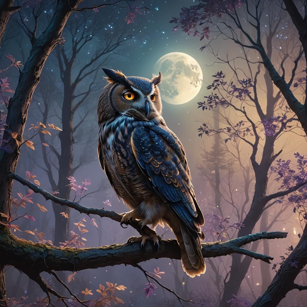 Mystical Owl Whistling in Moonlight Fantasy Forest