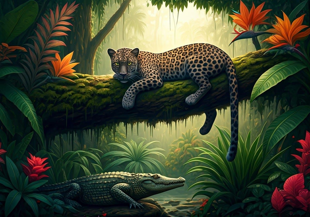 A very beautiful painting of a tropical forest full of broadleaf trees and beautiful colorful paradise ...  by @Kindly Offer