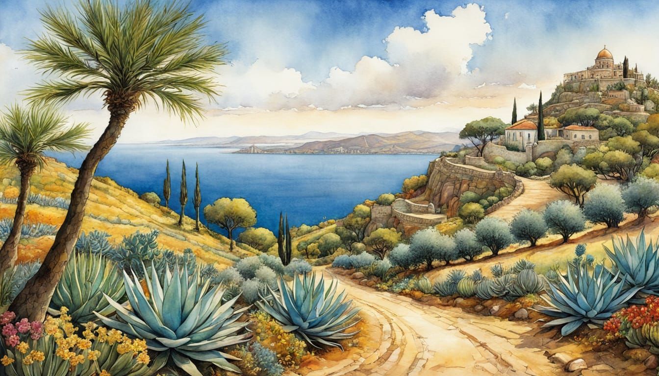 Idyllic Greek Hillside Illustration in Watercolor Style