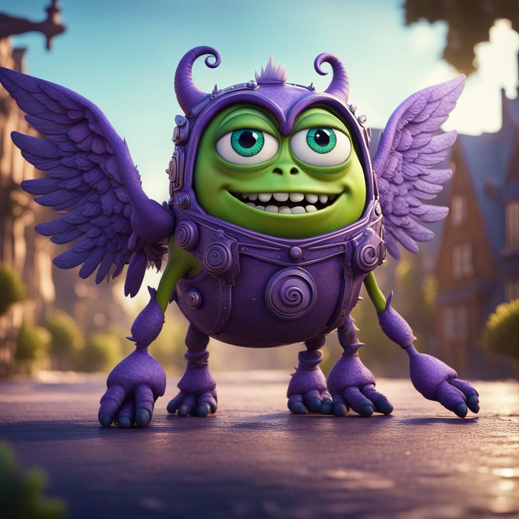 Purple mike wazowski with one eye , one horn on head, and wi...