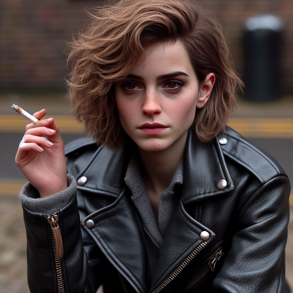 Emma Watson, 80's rock fan version in leather, smokes