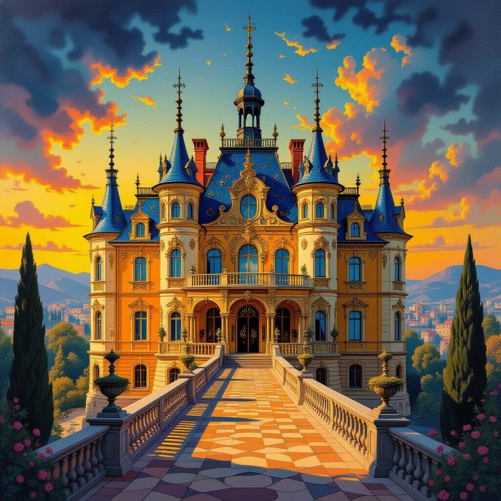 Surreal Golden Hour Palace in Dalí & Magritte Style