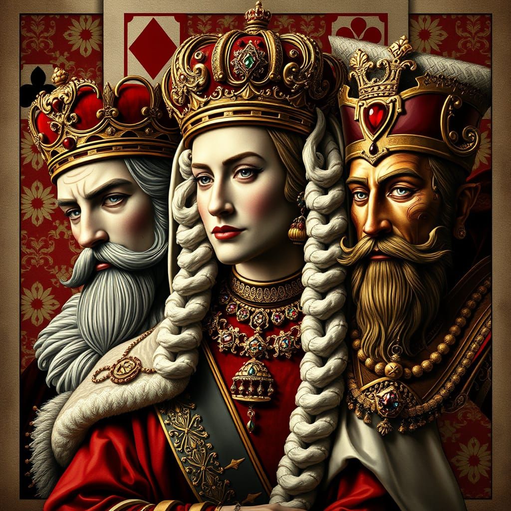 A stunning artistic interpretation of the faces from a royal playing card deck, each suit represented ...  by @undefined