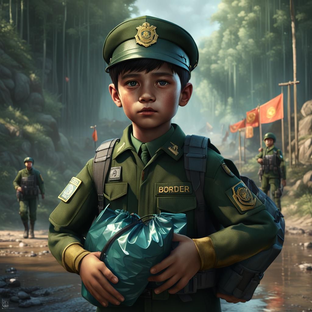 Boy Soldier with Wet Bag: Detailed Matte Painting