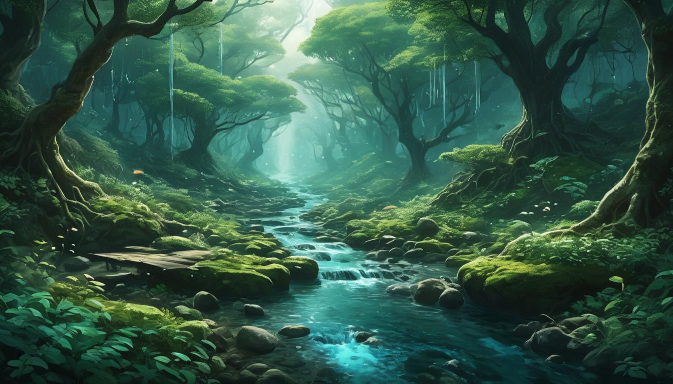 In this ethereal scene set in an otherworldly forest teeming...