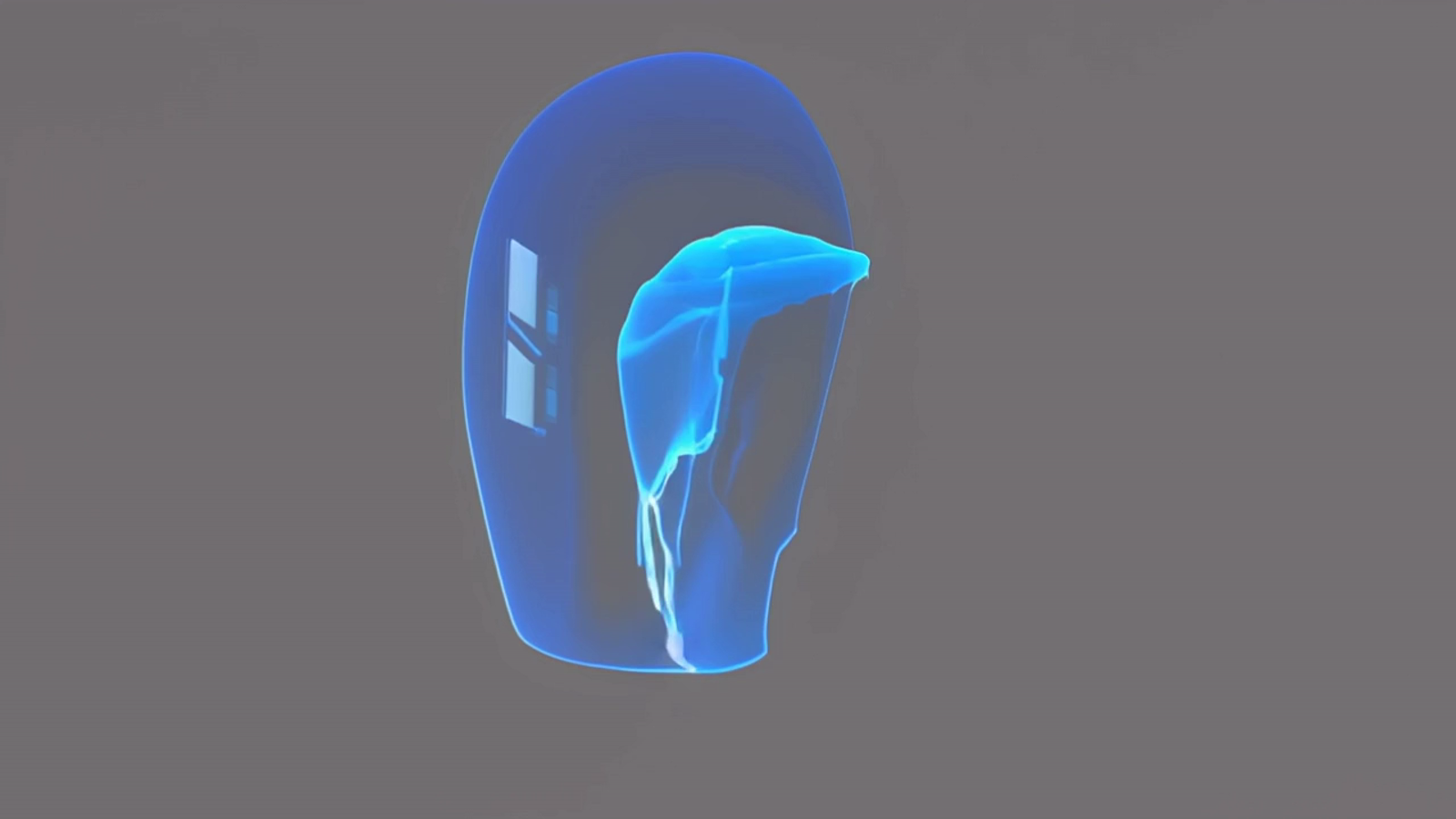 A glitchy holographic disembodied head, blue tinted