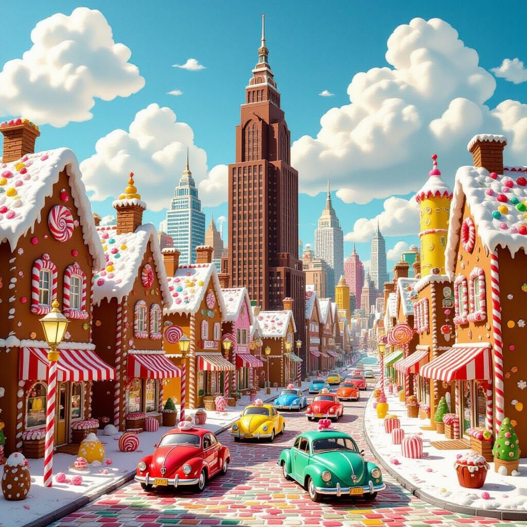 A bustling city street where all buildings and vehicles are constructed from various candies. A chocolate ...  by @Feebleeona