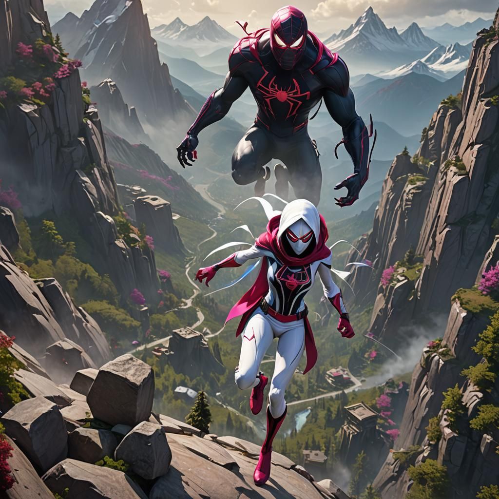Spider Gwen, hood up, mask on, as a colossal giant woman, to...