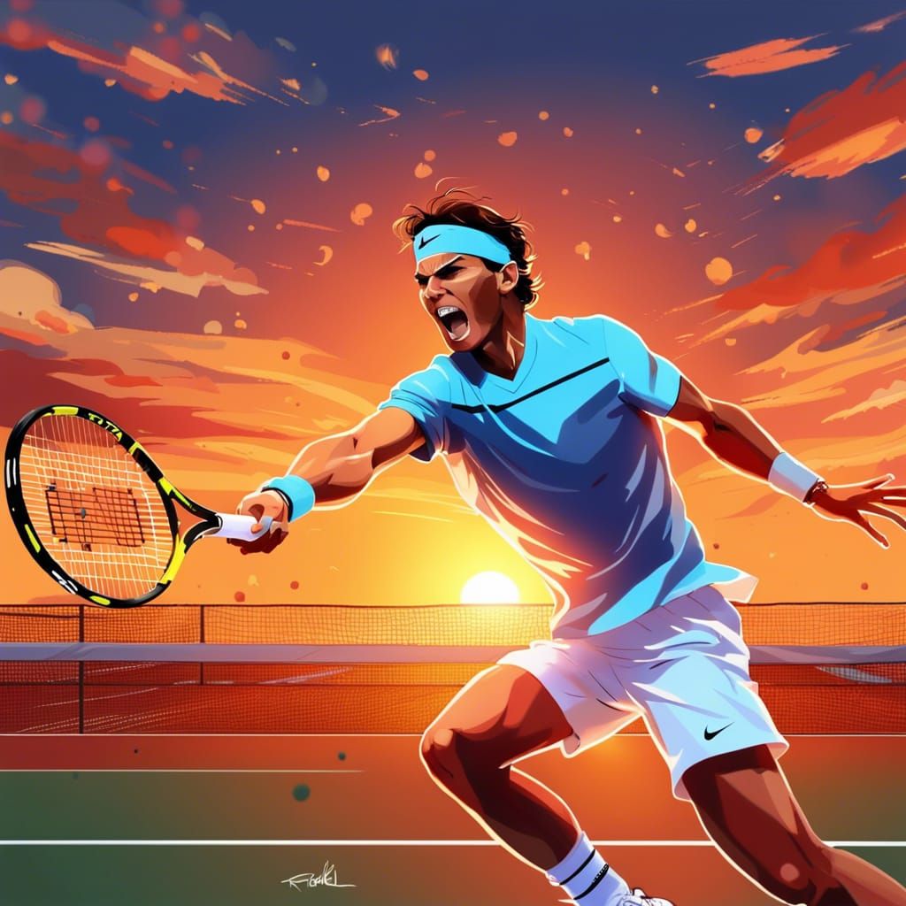 Rafael Nadal in action in a tennis againt Roger Federer on a sunset by artist "anime", Anime Key Visual, ...  by @Papilou