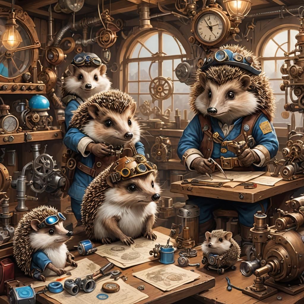 "Steampunk Hedgehog Inventors"

In a cozy, cluttered worksho...