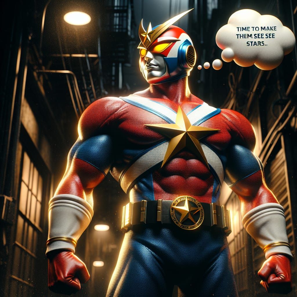 A tough buff jacked tone defined super hero in a red white and blue super sentai themed super hero with ...  by @7starDud3