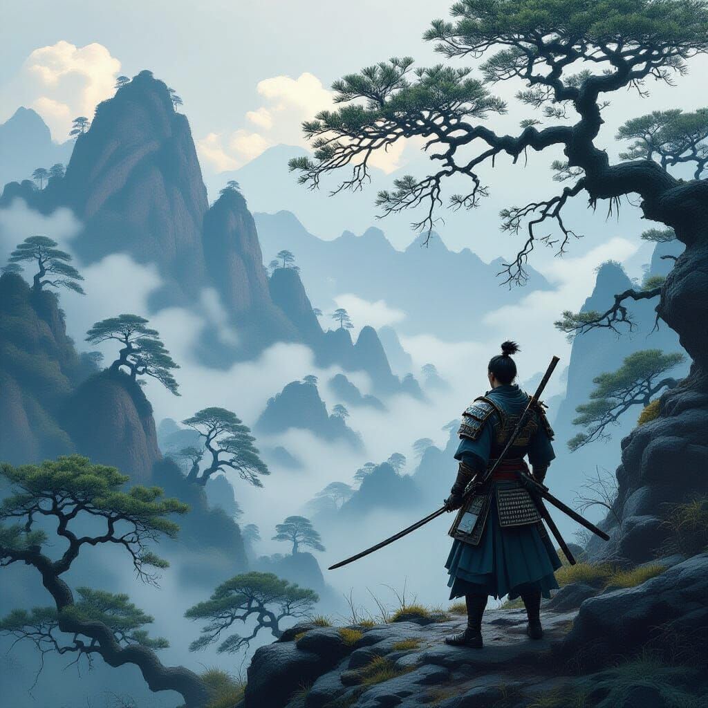 A lone samurai warrior stands on a misty mountain peak, overlooking a valley filled with ancient, gnarled ...  by @RK_9530