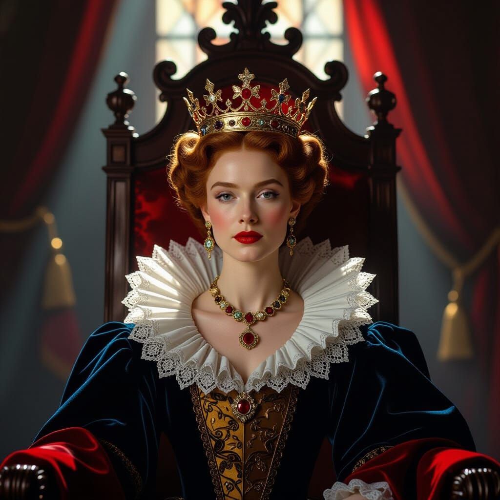 A newly crowned, young regal Elizabeth I, depicted with an air of immense ambition, stands before a grand, abstract throne room. The scene i...