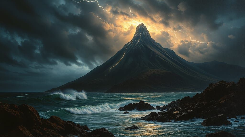 A stormy night on a deserted island, with lightning illuminating a towering, jagged volcano and waves ...  by @Morphesius 