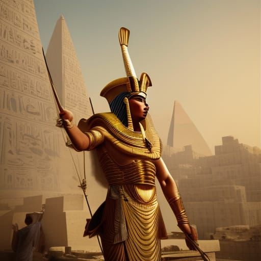 The Egyptian pharaoh is standing on top of a tall building with a bow ...