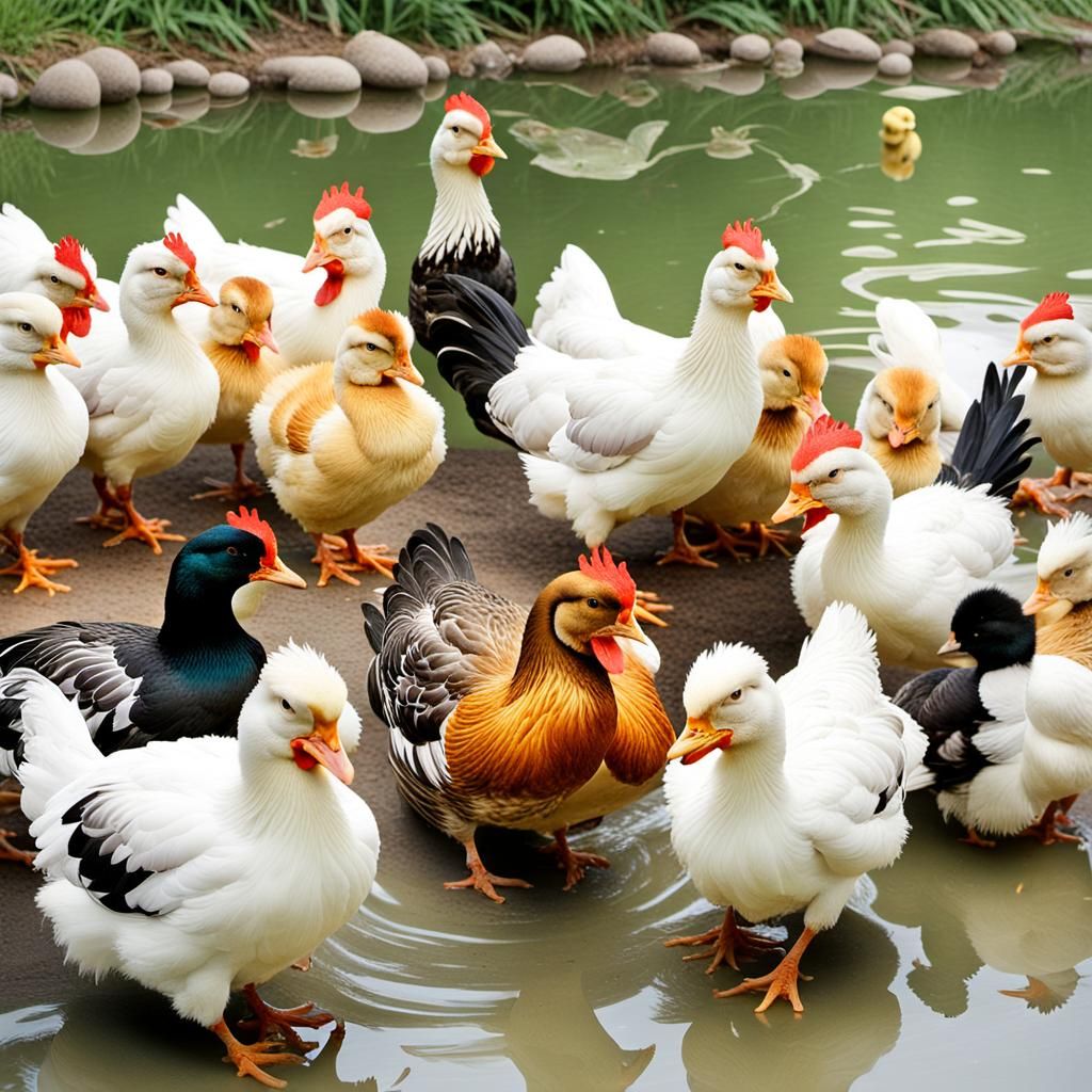 Chickens and Ducks in Neo-Impressionist Style