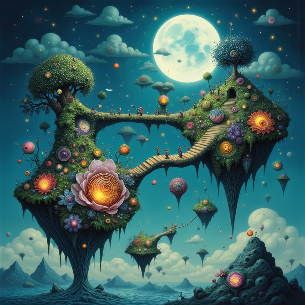 Whimsical Floating Islands Connected by Moonlight Bridges