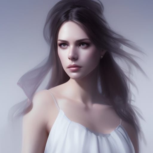 a pretty woman, dressed in a white dress,  full body portrai...