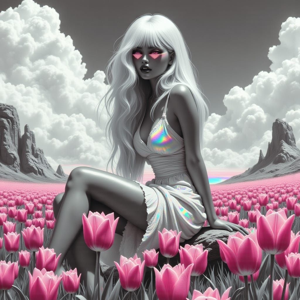 Sultry Woman in Neon Pink Tulips, Accented with Y2K Aestheti...