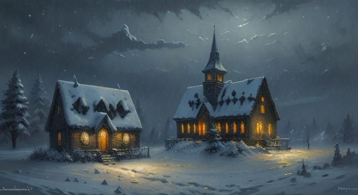 Blizzard at Night: Church in Luminescent Style