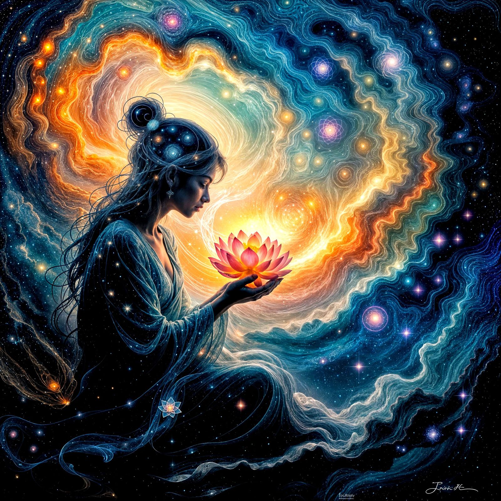 An ethereal celestial being, formed from swirling nebulae and stardust, contemplates a single, perfect ...  by @Maik Vonda 