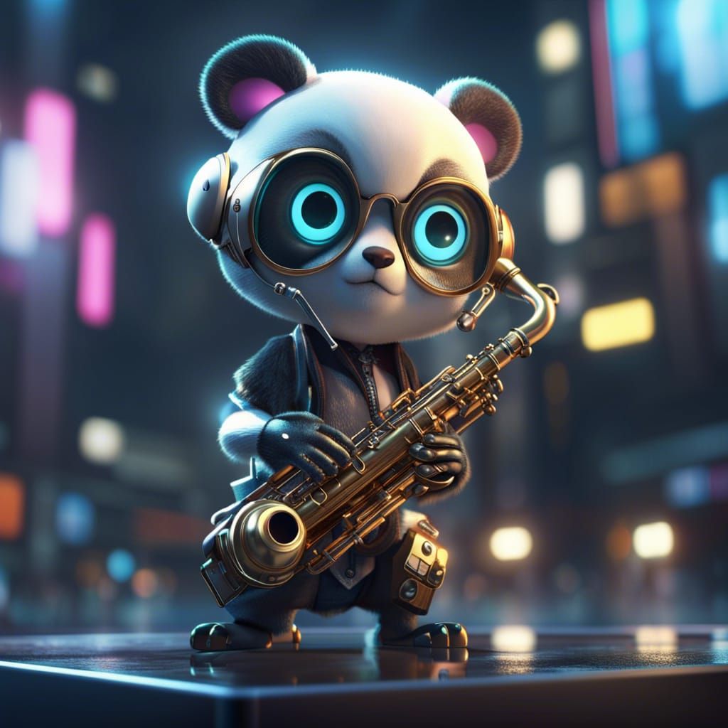 Cyborg Panda Plays Saxophone in Cyberpunk Style