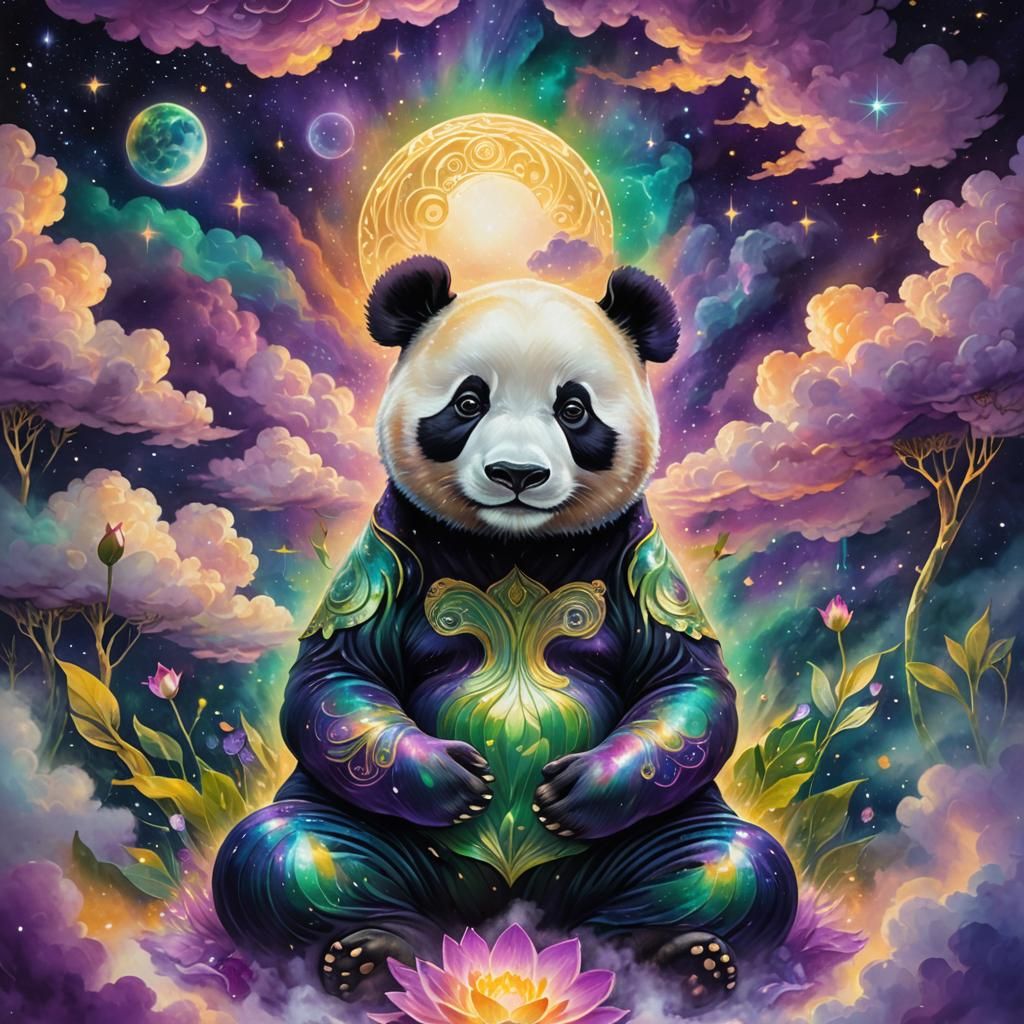 Meditating Panda in Astral Plane, Cosmic Illustration