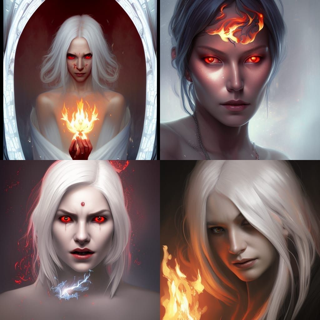 A woman in darkness with silver hair red eyes and with a fla...
