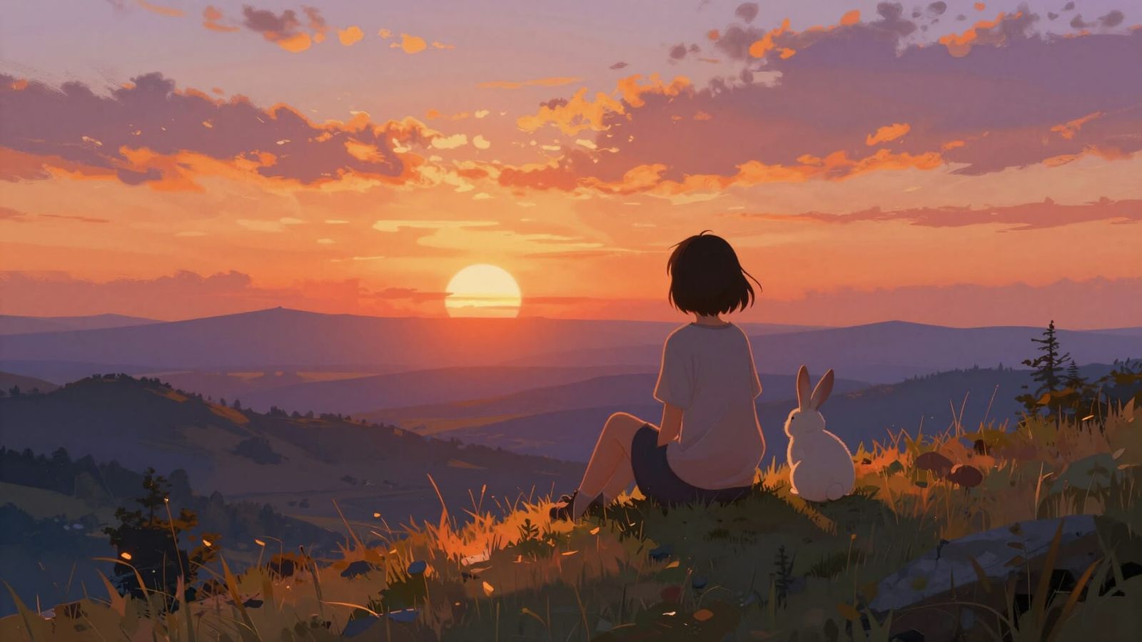 Woman and Rabbit at Sunrise Over Valley, Impressionistic Sty...