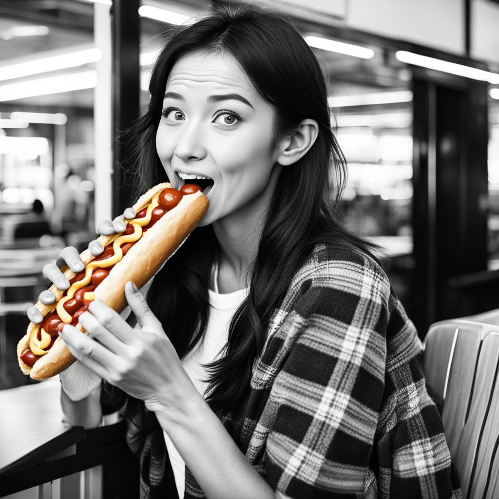woman eating a hotdog